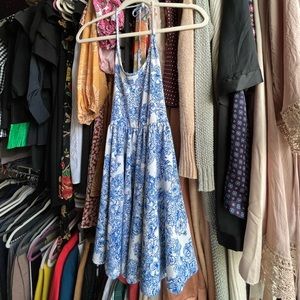 American Apparel Mini Halter Skater Blue White Floral Dress